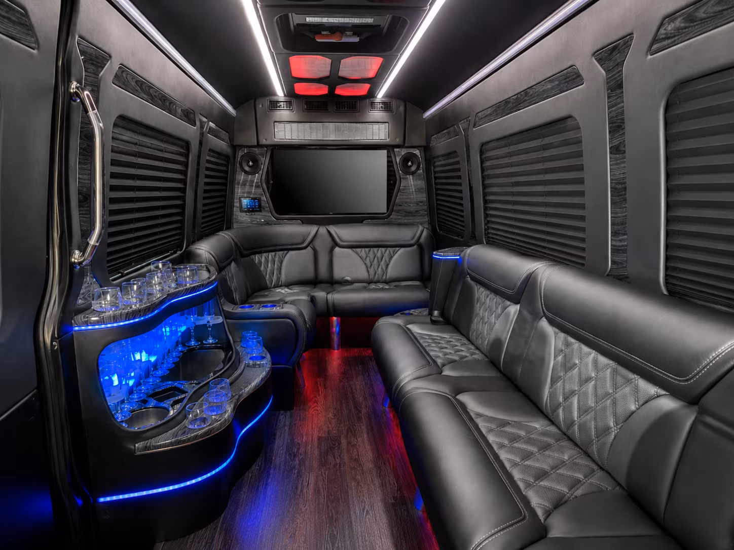 utica 15 passenger party bus inside