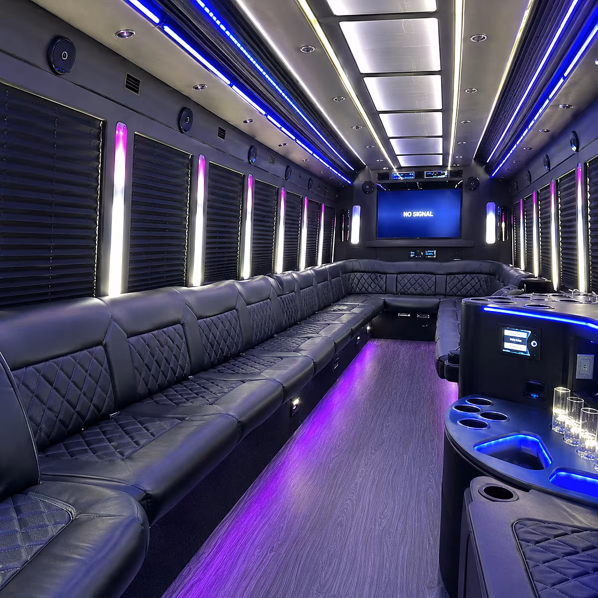 utica 30 passenger party bus inside